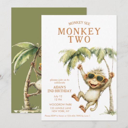 Monkey See Monkey Two Second Birthday 招待状 (正面/裏面)