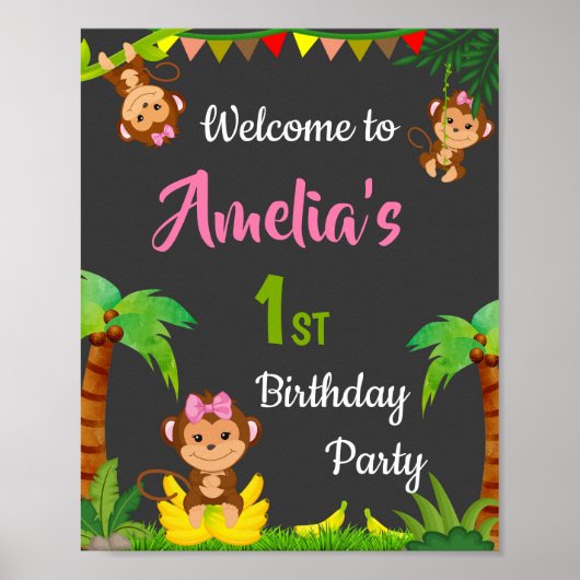 Monkey welcome party sign Girl jungle party poster ポスター (正面)
