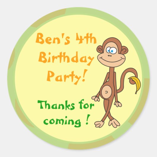 Monkey with Banana Birthday Partyスタンプ ラウンドシール (正面)