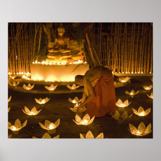 Monks lighting khom loy candles and lanterns for ポスター (正面)