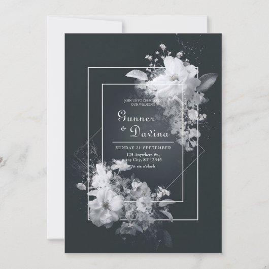 Monochromatic Black White Floral Geometric Wedding 招待状 (正面)