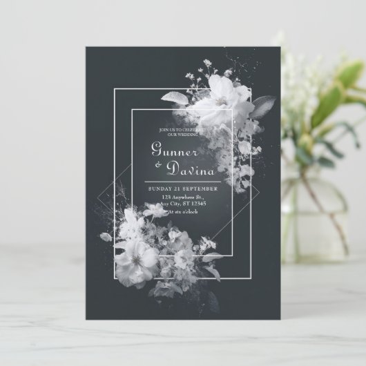 Monochromatic Black White Floral Geometric Wedding 招待状 (スタンド正面)