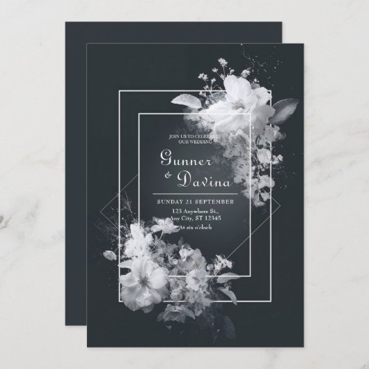 Monochromatic Black White Floral Geometric Wedding 招待状 (正面/裏面)