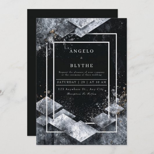 Monochromatic Black White Marble Diamond Geometric 招待状 (正面/裏面)