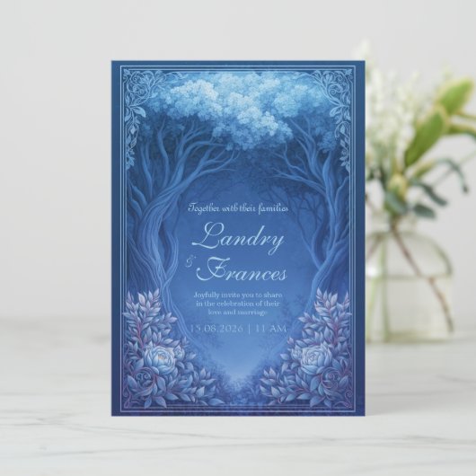 Monochromatic Blue Enchanted Forest Wedding 招待状 (スタンド正面)