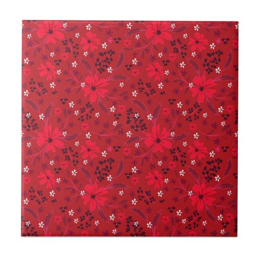 Monochromatic bright red retro floral pattern. タイル (正面)