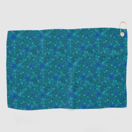 Monochromatic dark turquoise blue retro floral  ゴルフタオル (横)