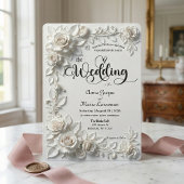 Monochromatic Ivory White Romantic Garden 招待状