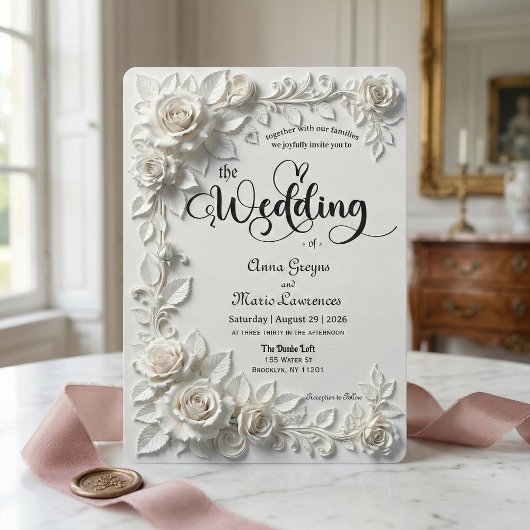 Monochromatic Ivory White Romantic Garden 招待状