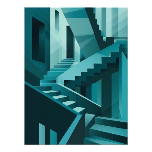 Monochromatic Turquoise Isometric Staircase Maze ポスター (正面)