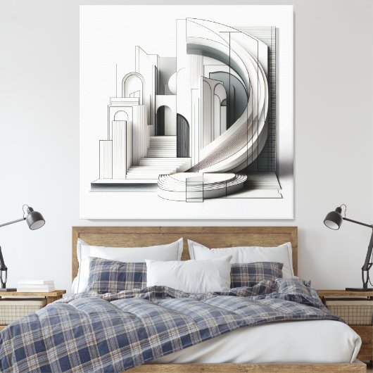 Monochrome Architectural Flow キャンバスプリント (インサイチュ (寝室))