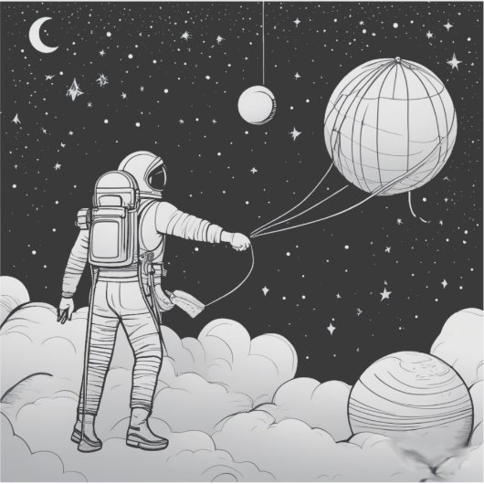 Monochrome Astronaut Holding Balloon Planet シール (正面)