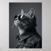 Monochrome Cool Cat in Denim Jacket Portrait ポスター (正面)
