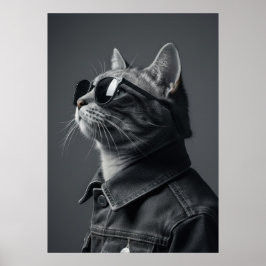 Monochrome Cool Cat in Denim Jacket Portrait ポスター