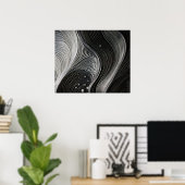 Monochrome Flowing Waves Line Texture ポスター (ホームオフィス)