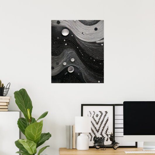 Monochrome Flowing Waves Line Texture with Dots ポスター (ホームオフィス)