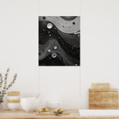 Monochrome Flowing Waves Line Texture with Dots ポスター (キッチン)