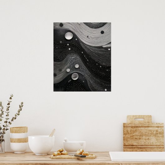 Monochrome Flowing Waves Line Texture with Dots ポスター (キッチン)