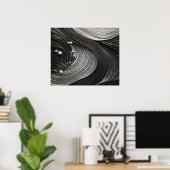 Monochrome Flowing Waves Textured Abstract ポスター (ホームオフィス)