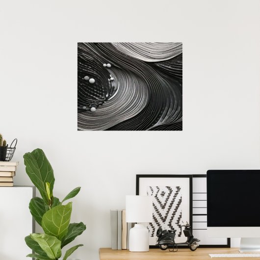 Monochrome Flowing Waves Textured Abstract ポスター (ホームオフィス)