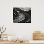 Monochrome Flowing Waves Textured Abstract ポスター (キッチン)