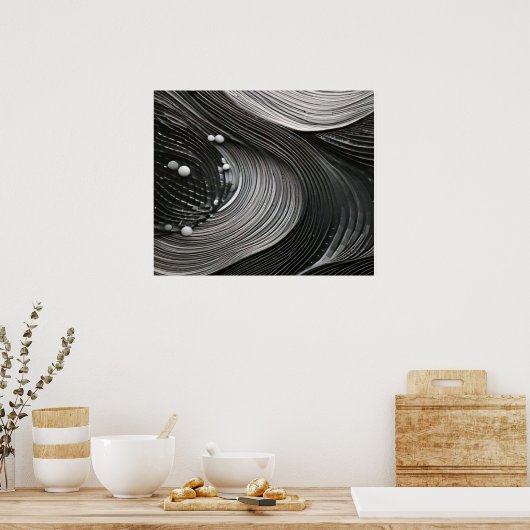 Monochrome Flowing Waves Textured Abstract ポスター (キッチン)
