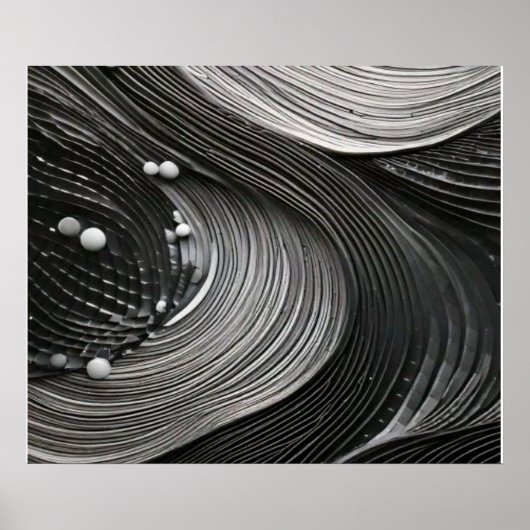 Monochrome Flowing Waves Textured Abstract ポスター (正面)