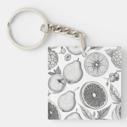 Monochrome Fruit Pattern with Botanical Elements キーホルダー (正面)