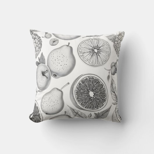 Monochrome Fruit Pattern with Botanical Elements クッション (正面)