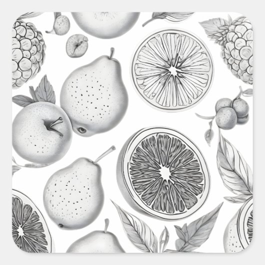 Monochrome Fruit Pattern with Botanical Elements スクエアシール (正面)