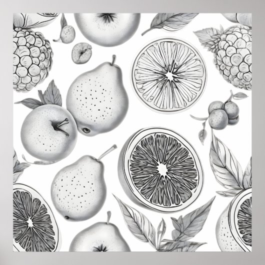 Monochrome Fruit Pattern with Botanical Elements ポスター (正面)