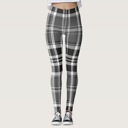 Monochrome Gray Black White Plaid Tartan レギンス (正面)