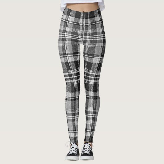 Monochrome Gray Black White Tartan Plaid レギンス (正面)