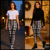 Monochrome Gray Black White Tartan Plaid レギンス