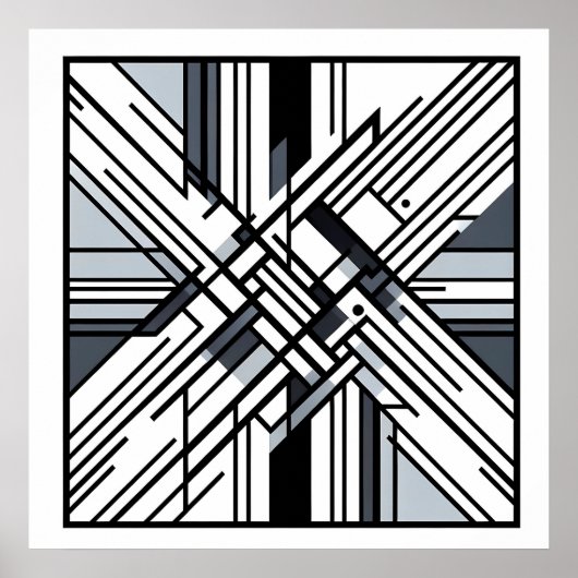 Monochrome Grid X – Abstract Geometric Line Art ポスター (正面)