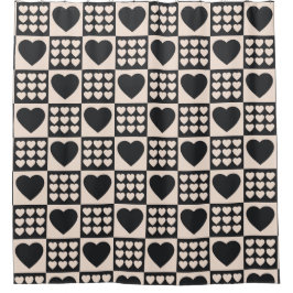 Monochrome Hearts Checkered Modern Shower Curtain シャワーカーテン