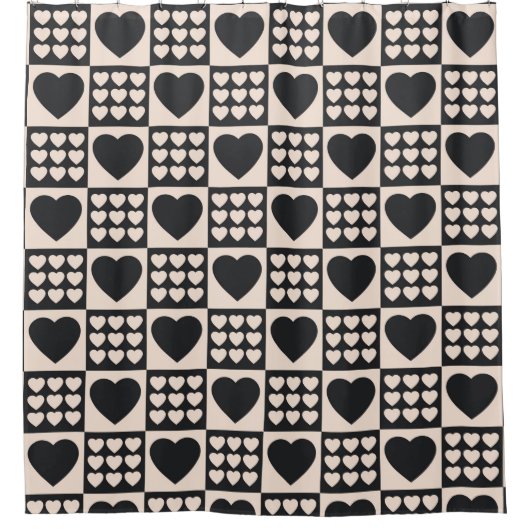 Monochrome Hearts Checkered Modern Shower Curtain シャワーカーテン (正面)