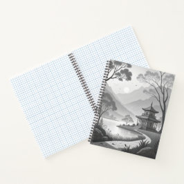 Monochrome Japanese Pavilion by Lakeside Path ノートブック