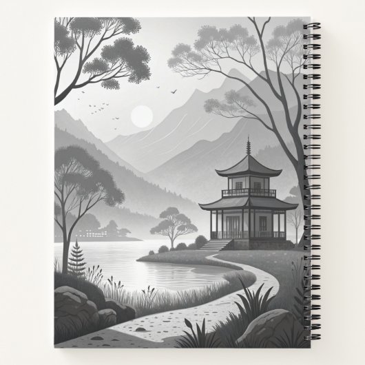 Monochrome Japanese Pavilion by Lakeside Path ノートブック (裏面)