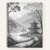 Monochrome Japanese Pavilion by Lakeside Path ノートブック (正面)