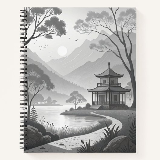 Monochrome Japanese Pavilion by Lakeside Path ノートブック (正面)
