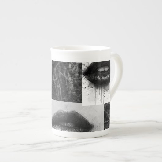 Monochrome Lips Specialty Mug  Elegant Black White ボーンチャイナマグカップ (正面右)