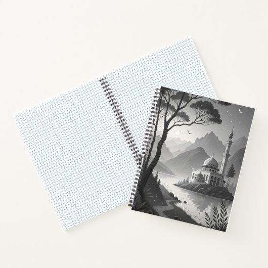 Monochrome Mosque Landscape with Mountain Lake Vie ノートブック (内部)