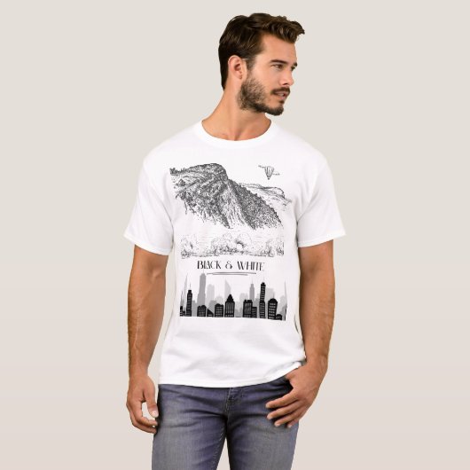 Monochrome Mountain City Skyline Art Black White Tシャツ (正面フル)