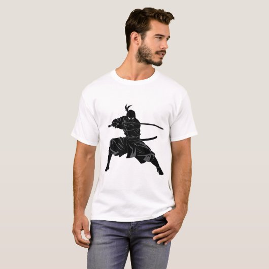 Monochrome Ninja Samurai Silhouette Tシャツ (正面フル)