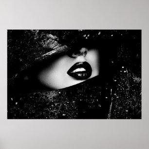 Monochrome sensual woman lips in black frame ポスター