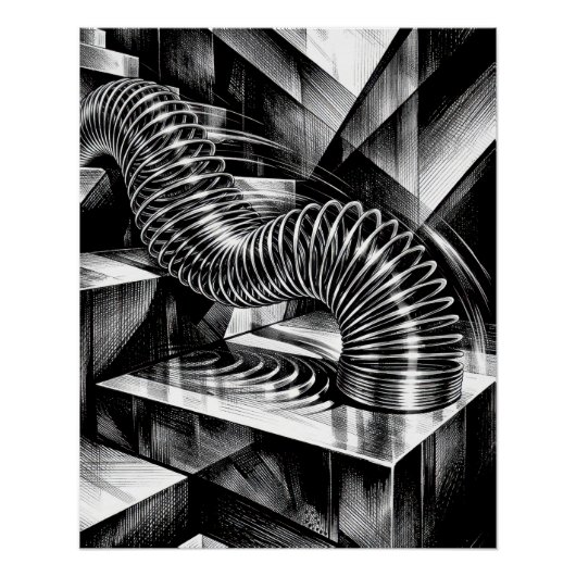 Monochrome Slinky Tumbling Down Chrome Steps ポスター (正面)