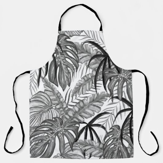Monochrome Tropical Leaves Pattern | Elegant Black エプロン (正面)