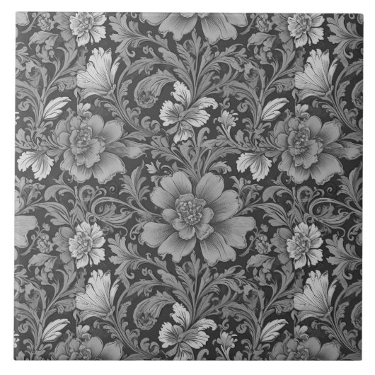 Monochrome Vintage Floral Pattern  タイル (正面)