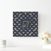 MonogramアールデコシェルズNavy Blue金ゴールドNewlyweds スクエア壁時計 (ホーム)